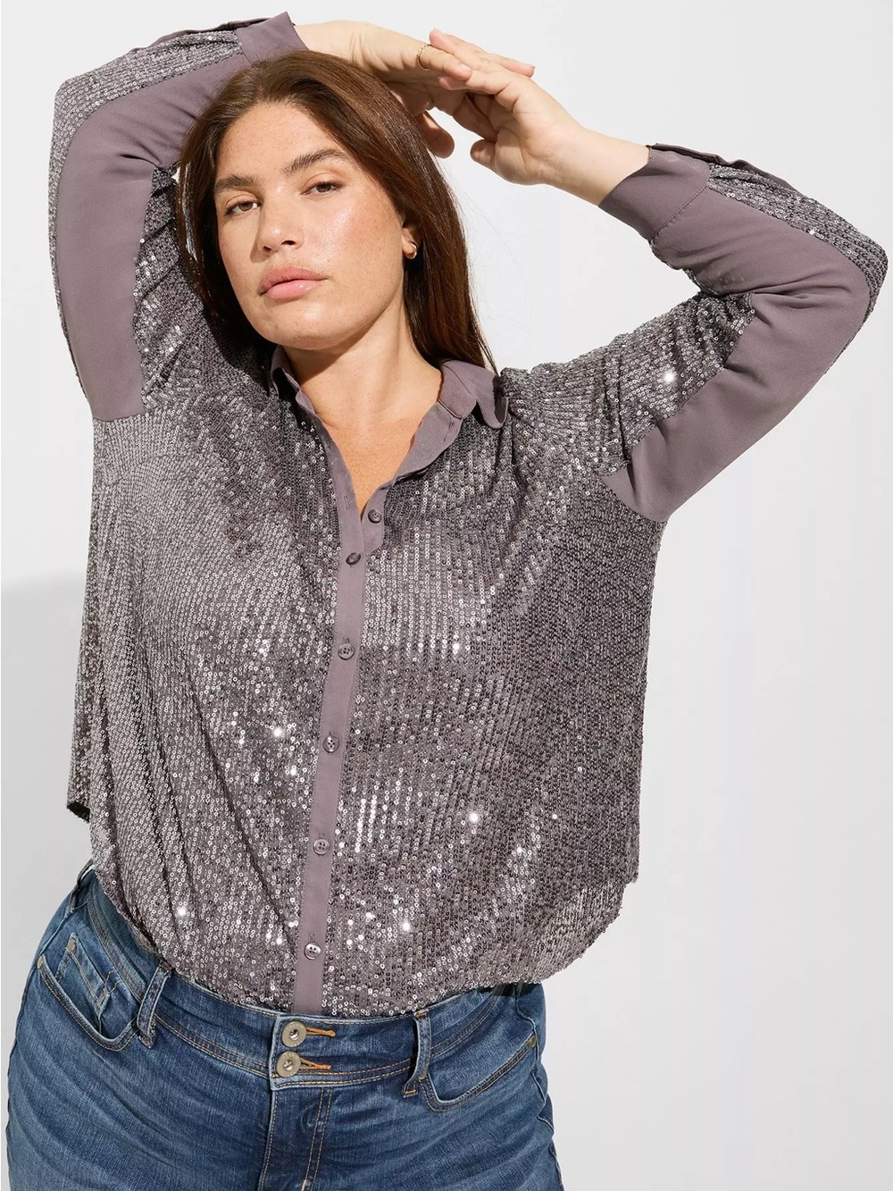 NWT Torrid Madison Sequin Long Sleeve Shirt - Gunmetal